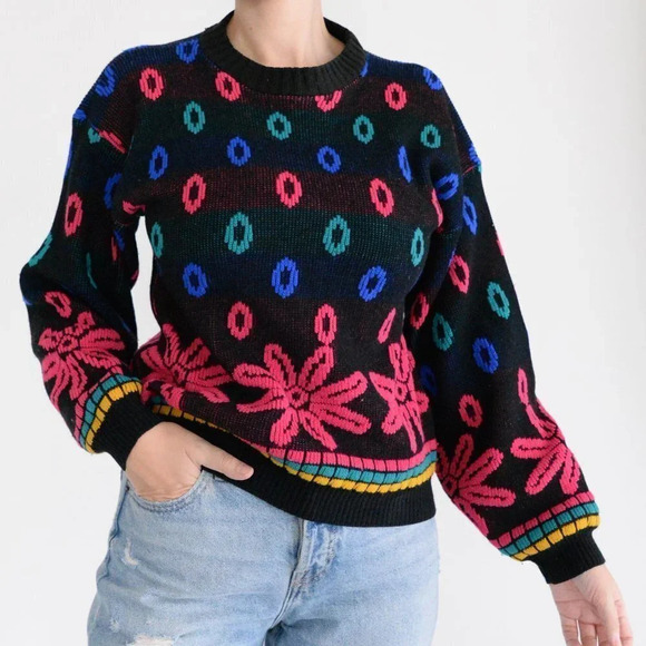 Vintage Jaymie Rose Black with Multi-Colour Floral Design Sweater - Picture 3 of 12